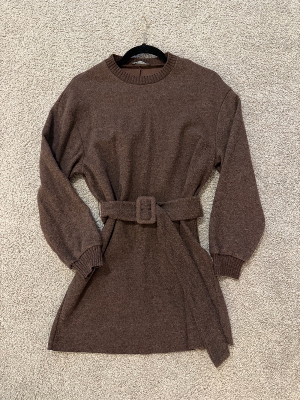Zara Brown Belted Long-Sleeve Knit Dress